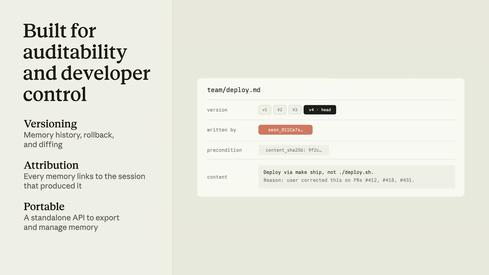 Built for auditability — バージョン管理・帰属追跡・スタンドアロンAPI