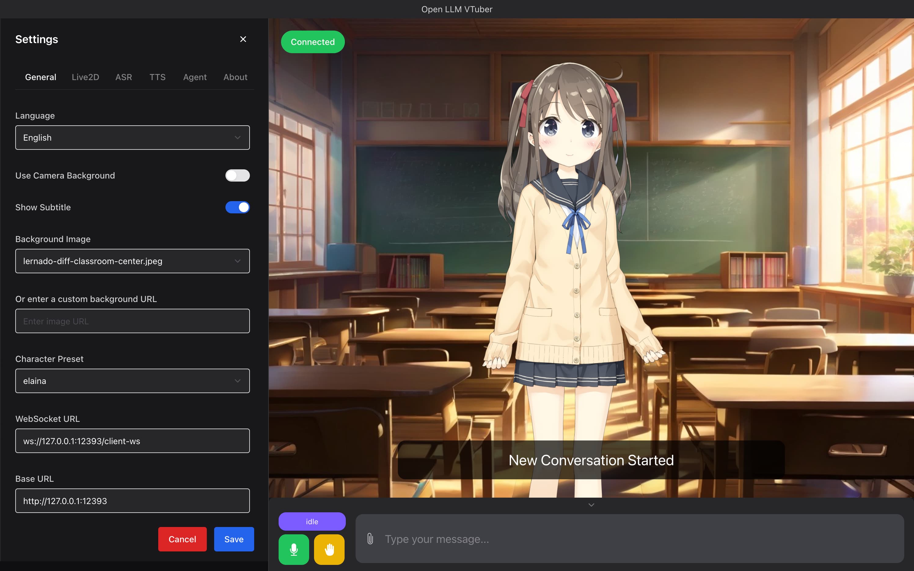 Open-LLM-VTuberの実際の画面：右にLive2Dアバター、左に設定タブ（General/Live2D/ASR/TTS/Agent）、左下にマイクと状態インジケータ