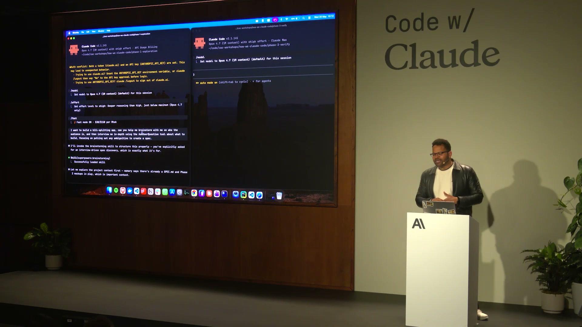 Live demo: Claude Code with /brainstorm skill running, bill-splitting app spec being created