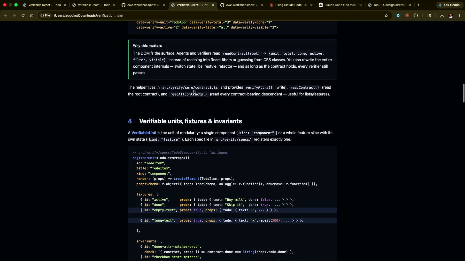 verification.html doc: Verifiable units, fixtures & invariants with registerUnit code