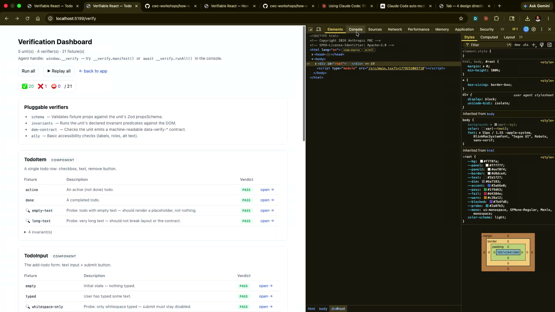 Verification Dashboard at localhost:5199/verify showing TodoItem, TodoInput, TodoList, TodoStats components