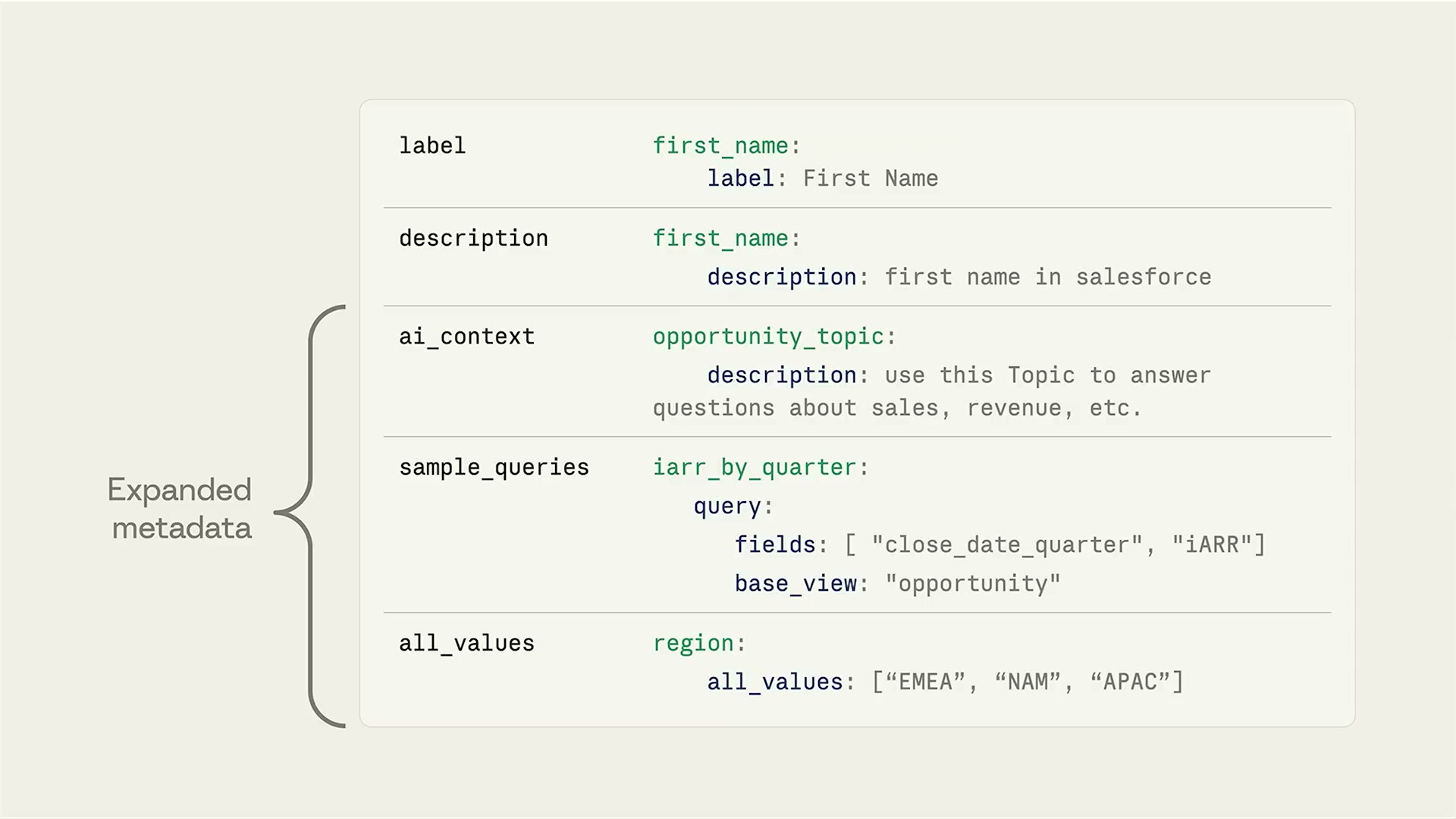 展開メタデータ：label, description, ai_context, sample_queries, all_values