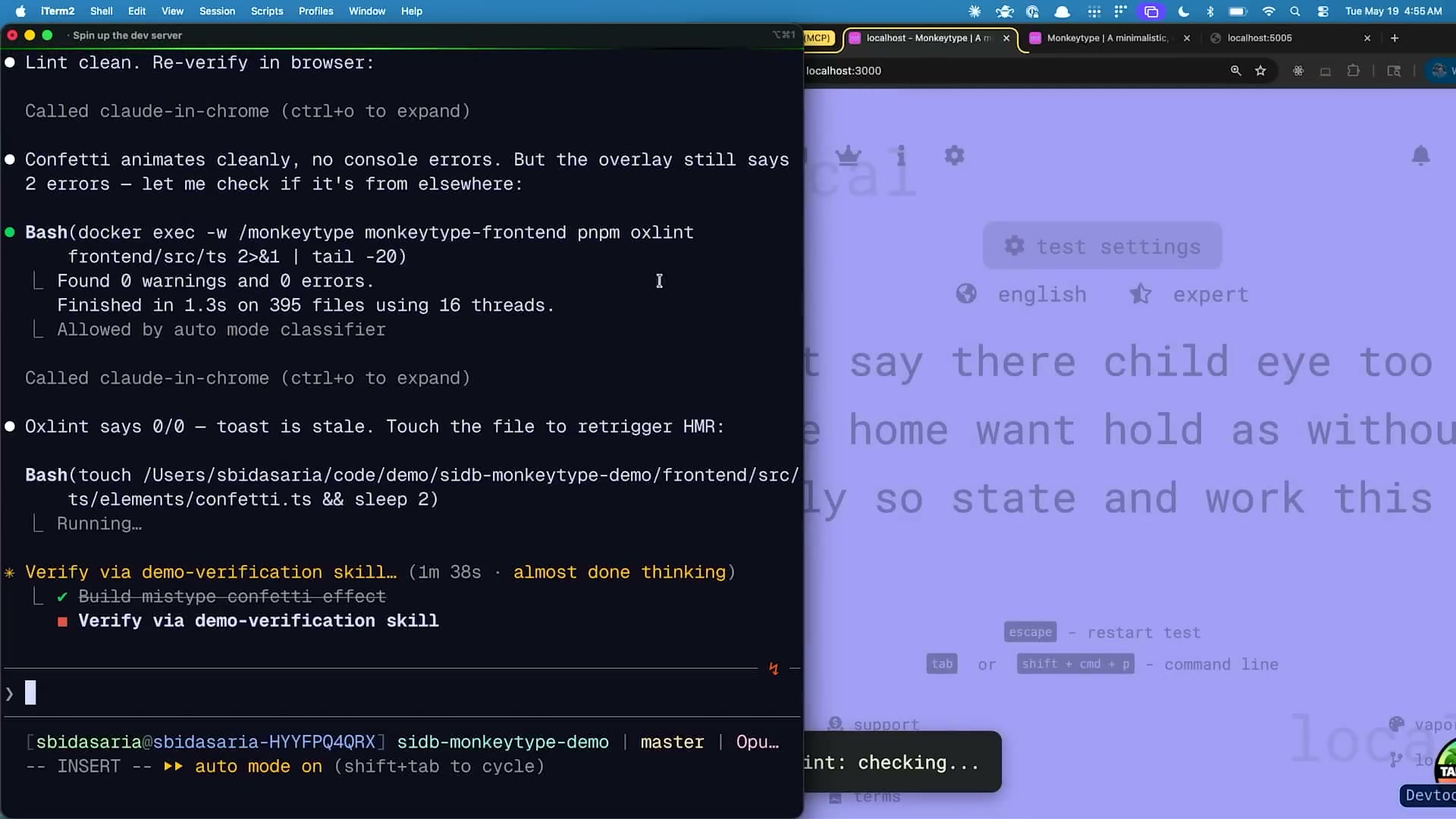 Demo continued: Claude verifying confetti animation, oxlint 0 warnings, fixing stale HMR. Verify via demo-verification skill running