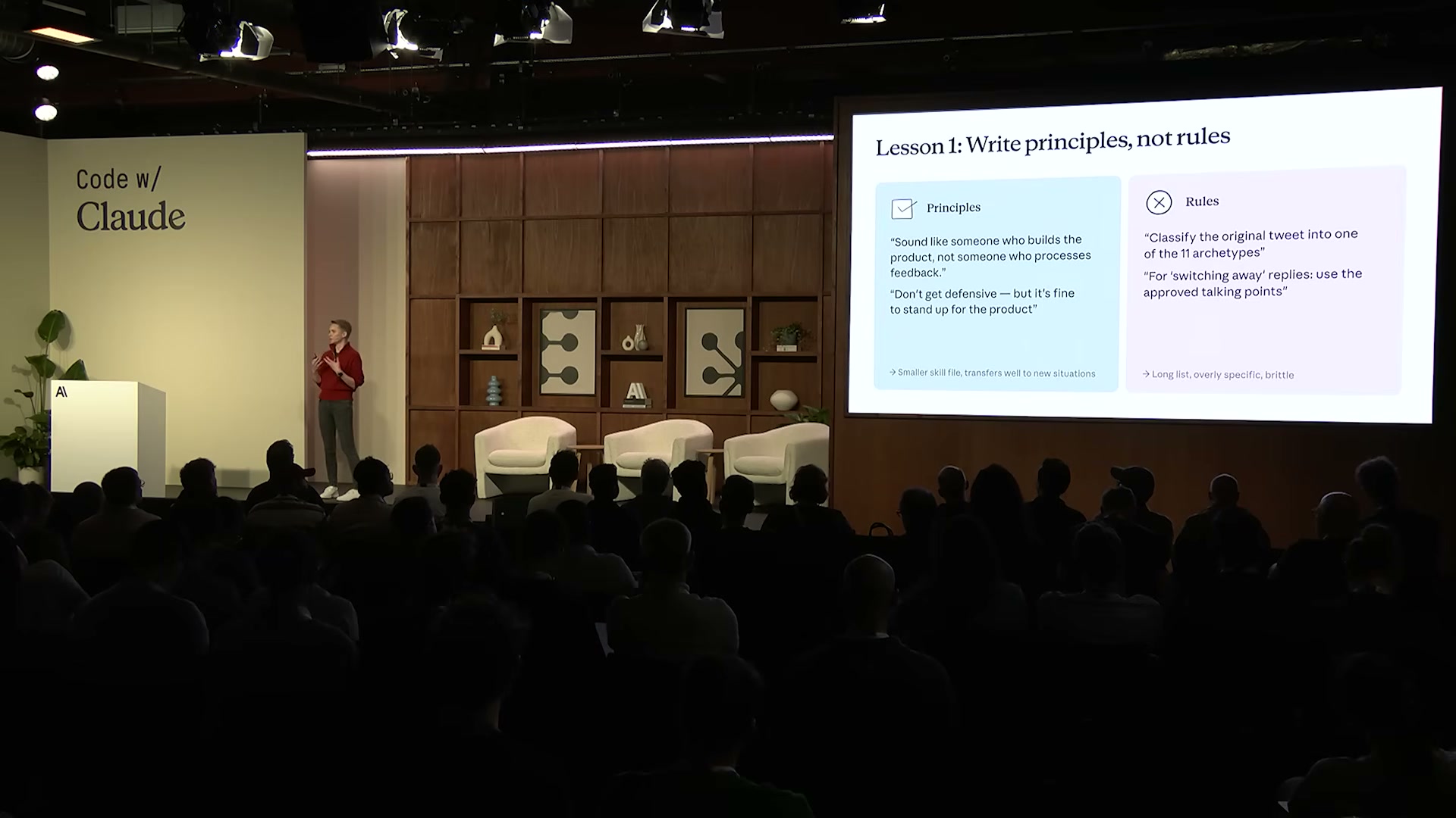 Lesson 1: Write principles, not rules - Code w/ Claude event