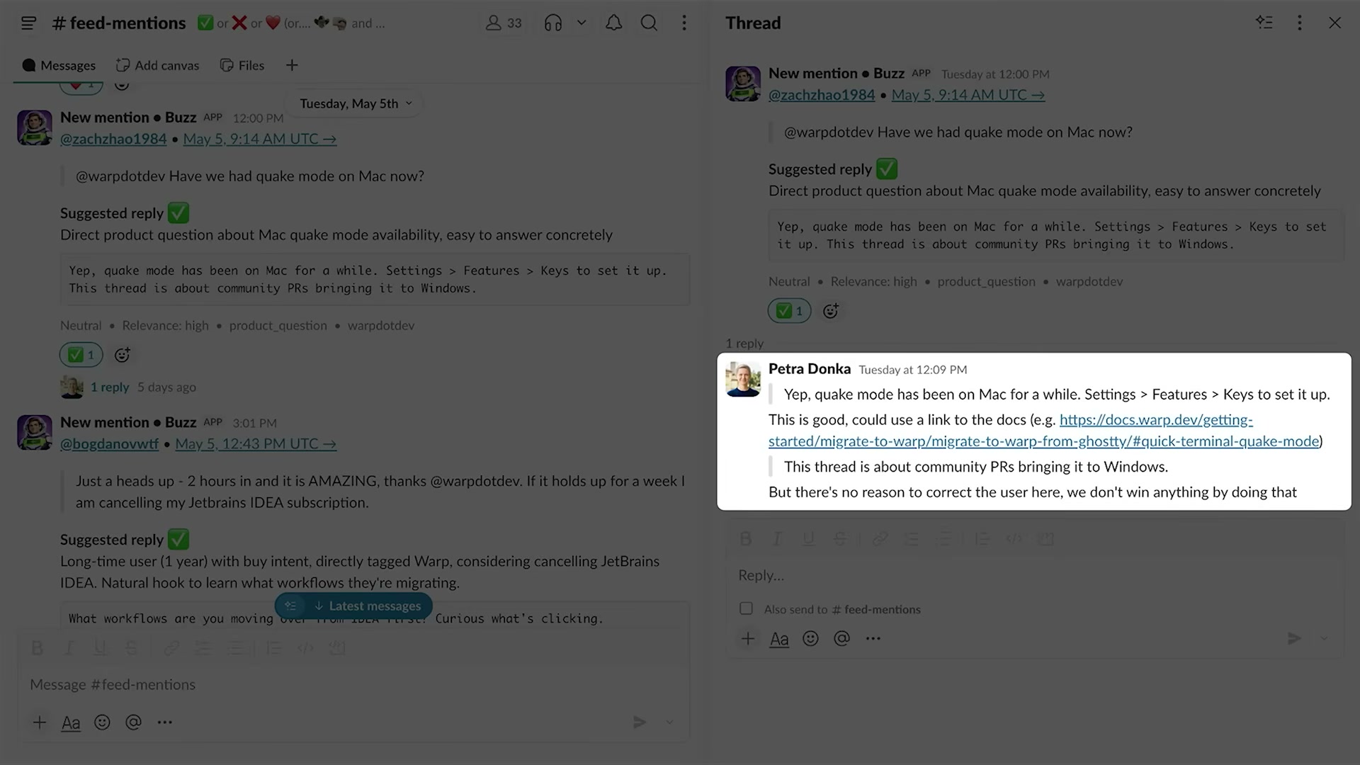 Petra Donka replying directly in Slack