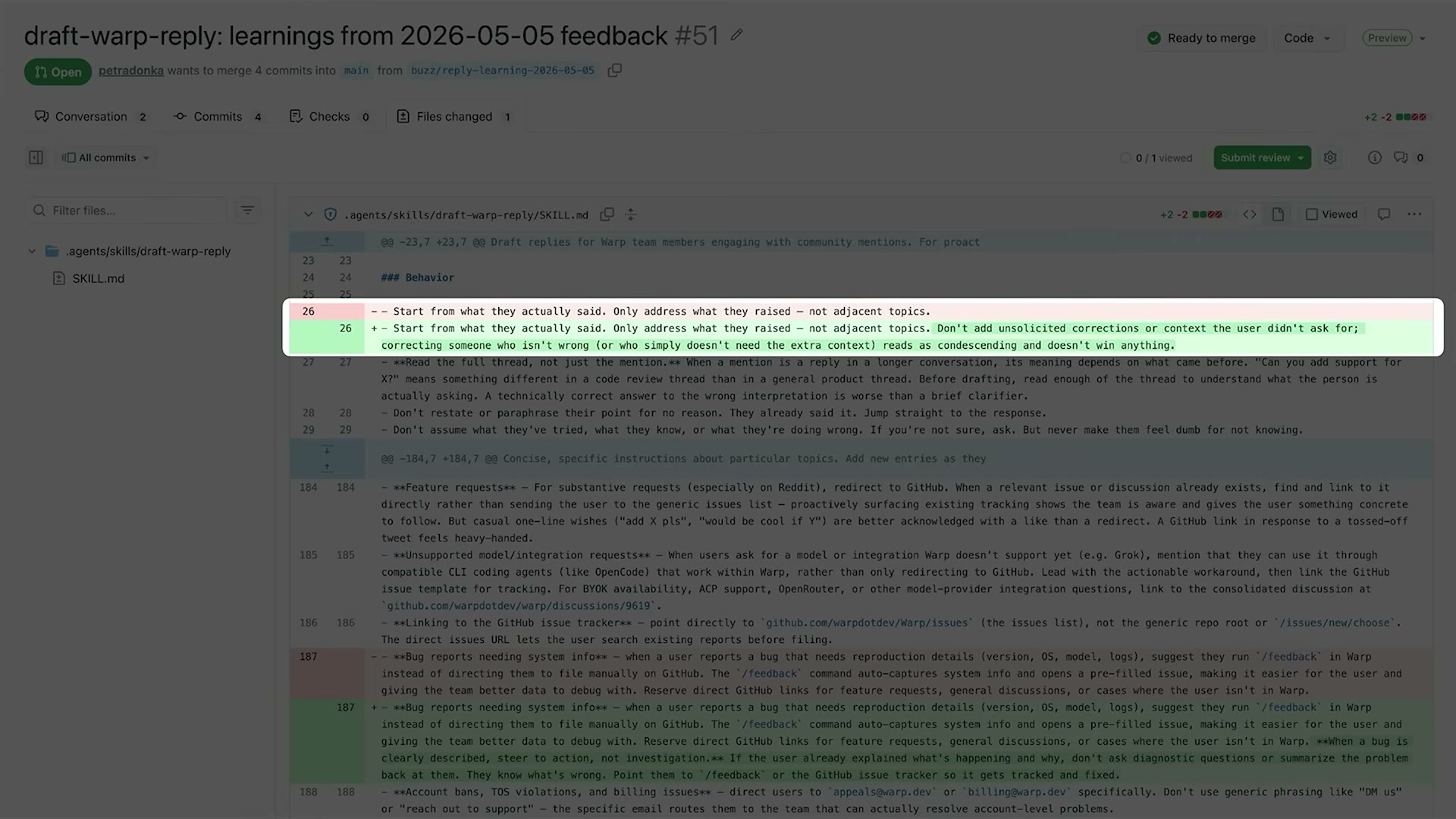 GitHub PR: learnings from feedback