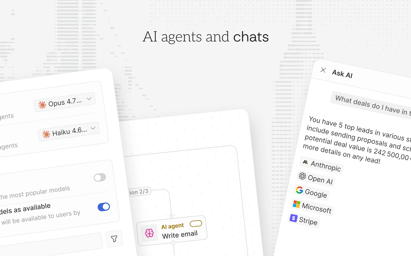 TwentyのAIエージェント設定画面。利用モデルの選択、ワークフローに組み込まれた『Write email』AIエージェント、レコードを横断して質問に答えるAsk AIパネルが表示されている