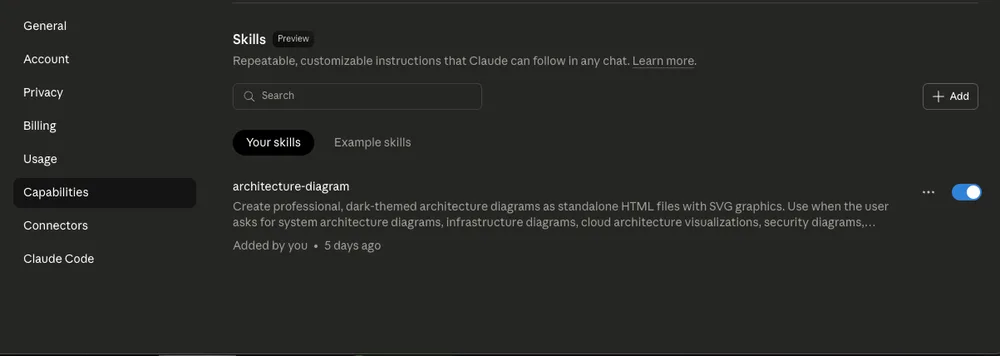 Claude.aiのSettings画面でSkillsにarchify.zipをアップロードする様子