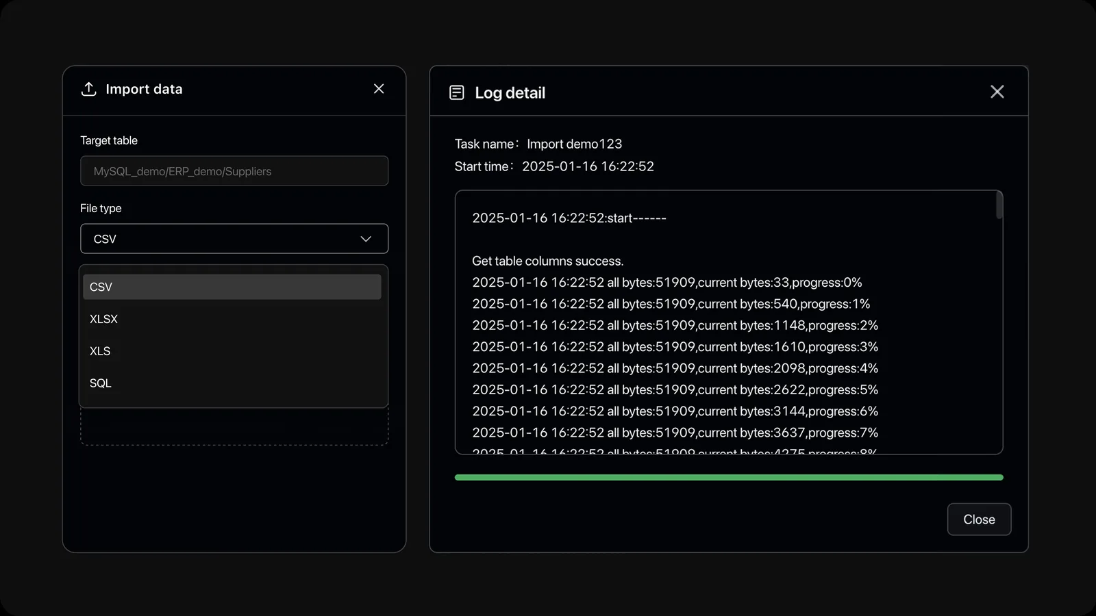 Chat2DBのデータインポート・エクスポート画面。対象テーブルと形式を選ぶダイアログが表示されている