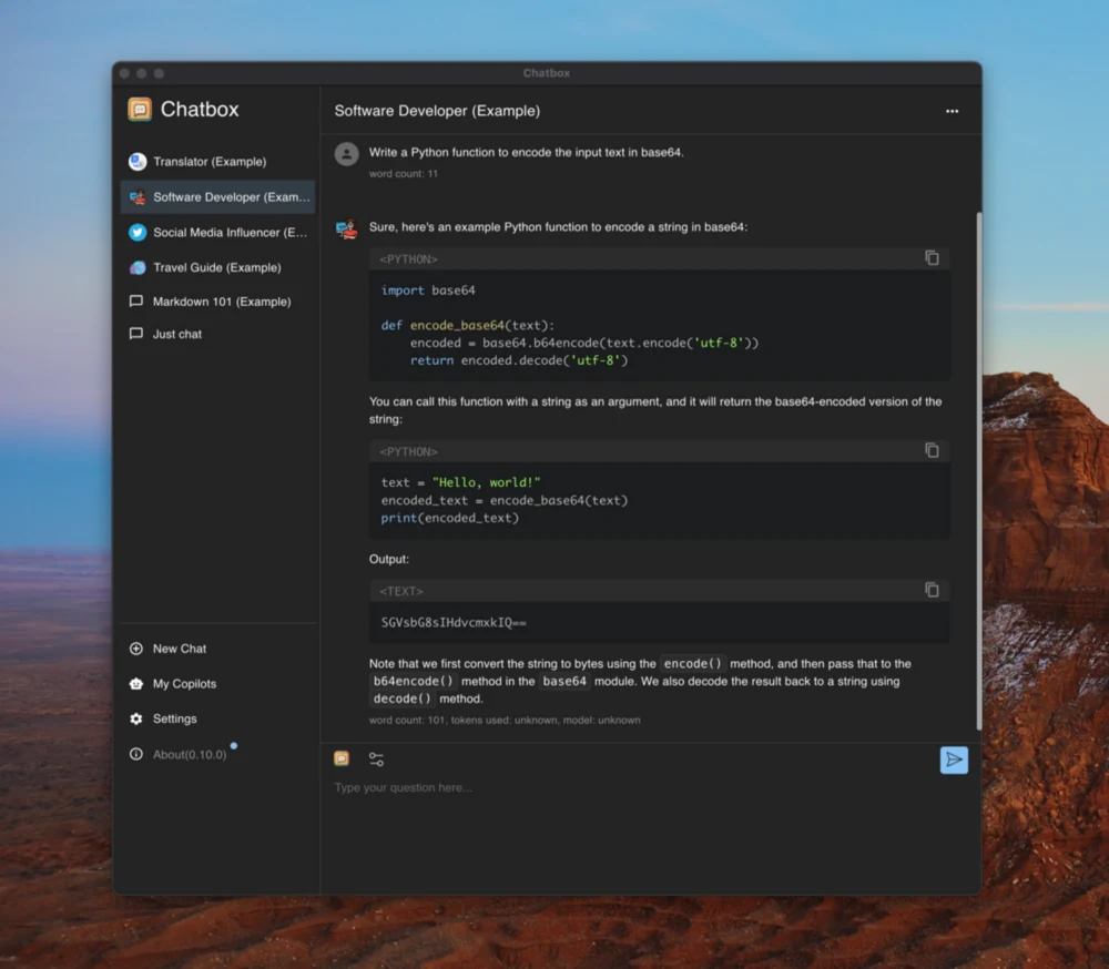 Chatboxのデスクトップ画面（ダークテーマ）。同じUIをダークモードで表示