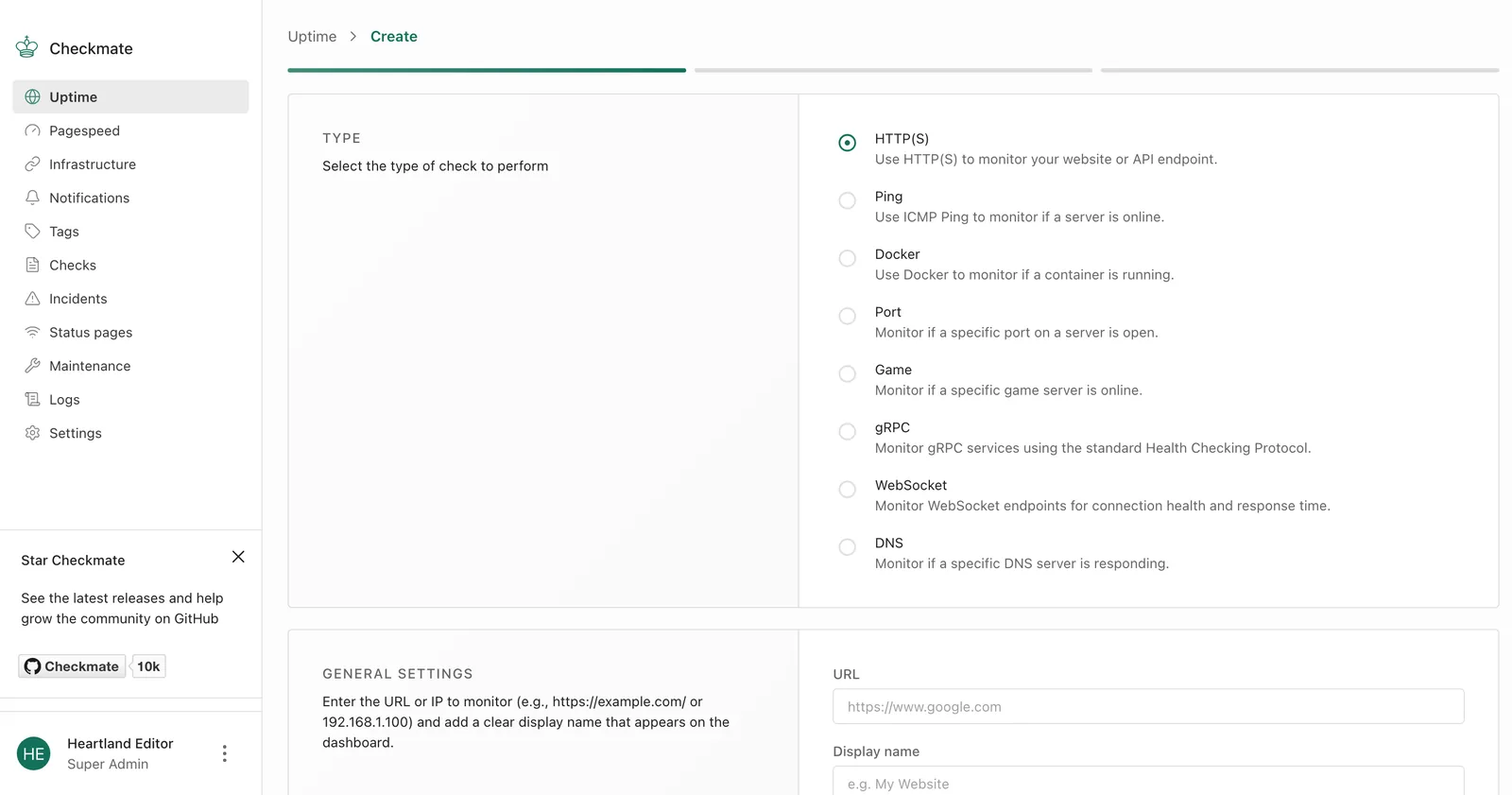 Checkmateの監視作成ウィザード。HTTP(S)/Ping/Docker/Port/Game/gRPC/WebSocket/DNSの監視タイプが選べる
