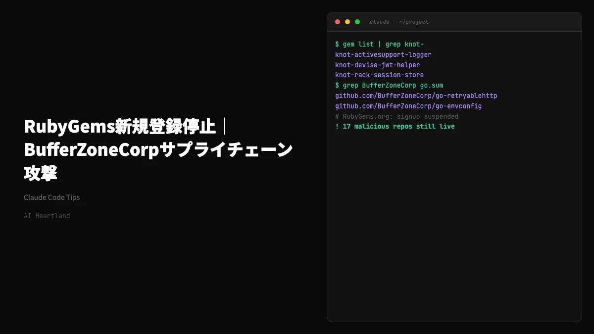 RubyGems新規登録停止｜BufferZoneCorpサプライチェーン攻撃の全容と該当パッケージ確認手順