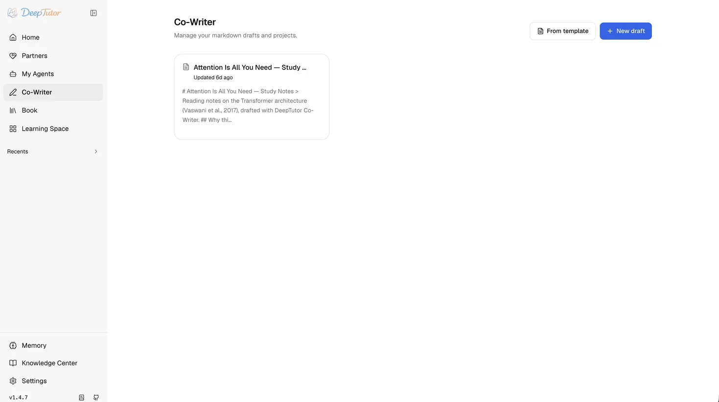 DeepTutorのCo-Writer画面。左に生成中のMarkdown、右にライブプレビューが表示された分割ビュー