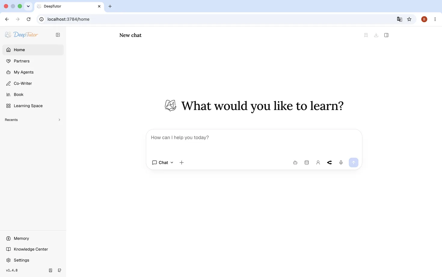 DeepTutorのチャットホーム画面。サイドバーにHome・Partners・My Agents・Co-Writer・Book・Learning Space・Memory・Knowledge Center・Settingsが並ぶ