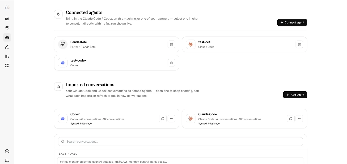 DeepTutorのMy Agents画面。接続済みのコーディングCLIやインポートした会話が一覧表示されている