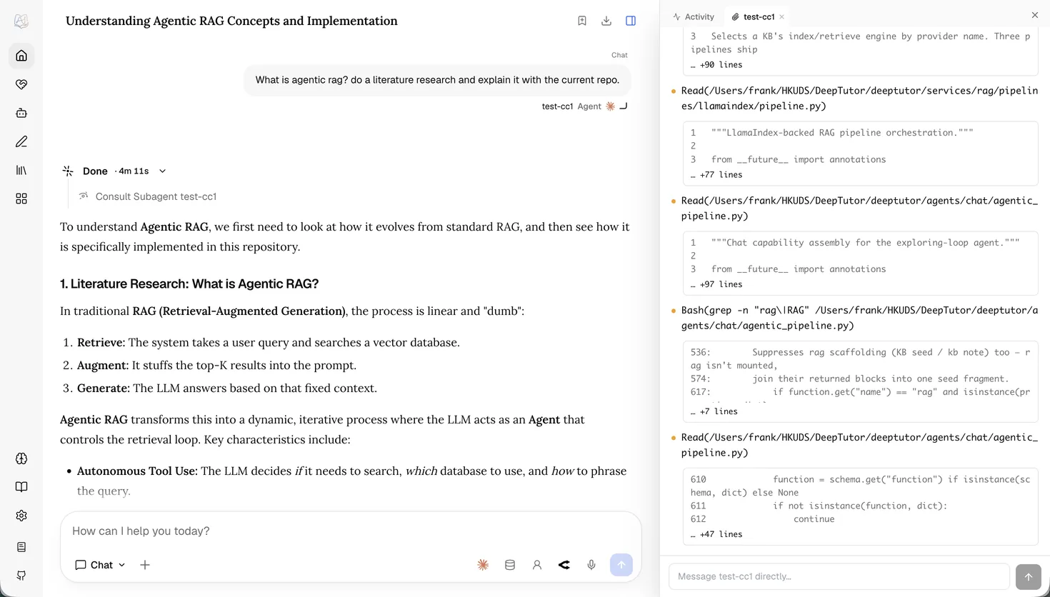 DeepTutorのチャットからClaude Codeサブエージェントを呼び出し、その作業がActivityパネルにストリーミングされている画面