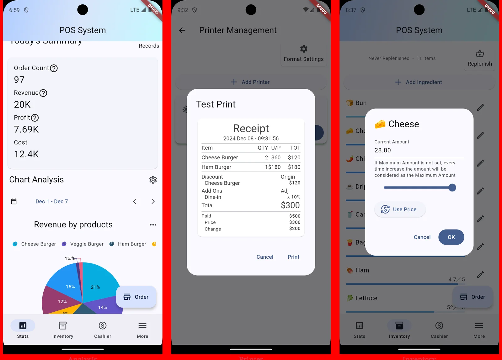 flutter-pos-systemの実際のアプリ画面。左から売上分析ダッシュボード、レシートのテスト印刷、在庫（食材）管理