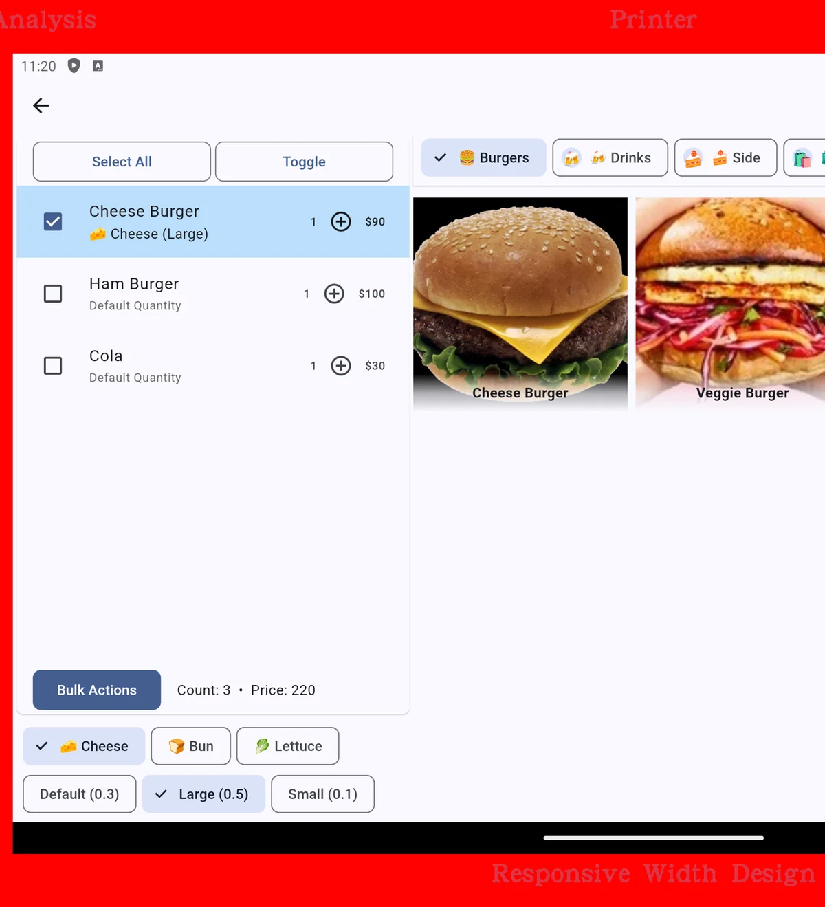 flutter-pos-systemの注文画面。左にカート、右に商品グリッド。タブレット幅で2カラムに自動切り替え