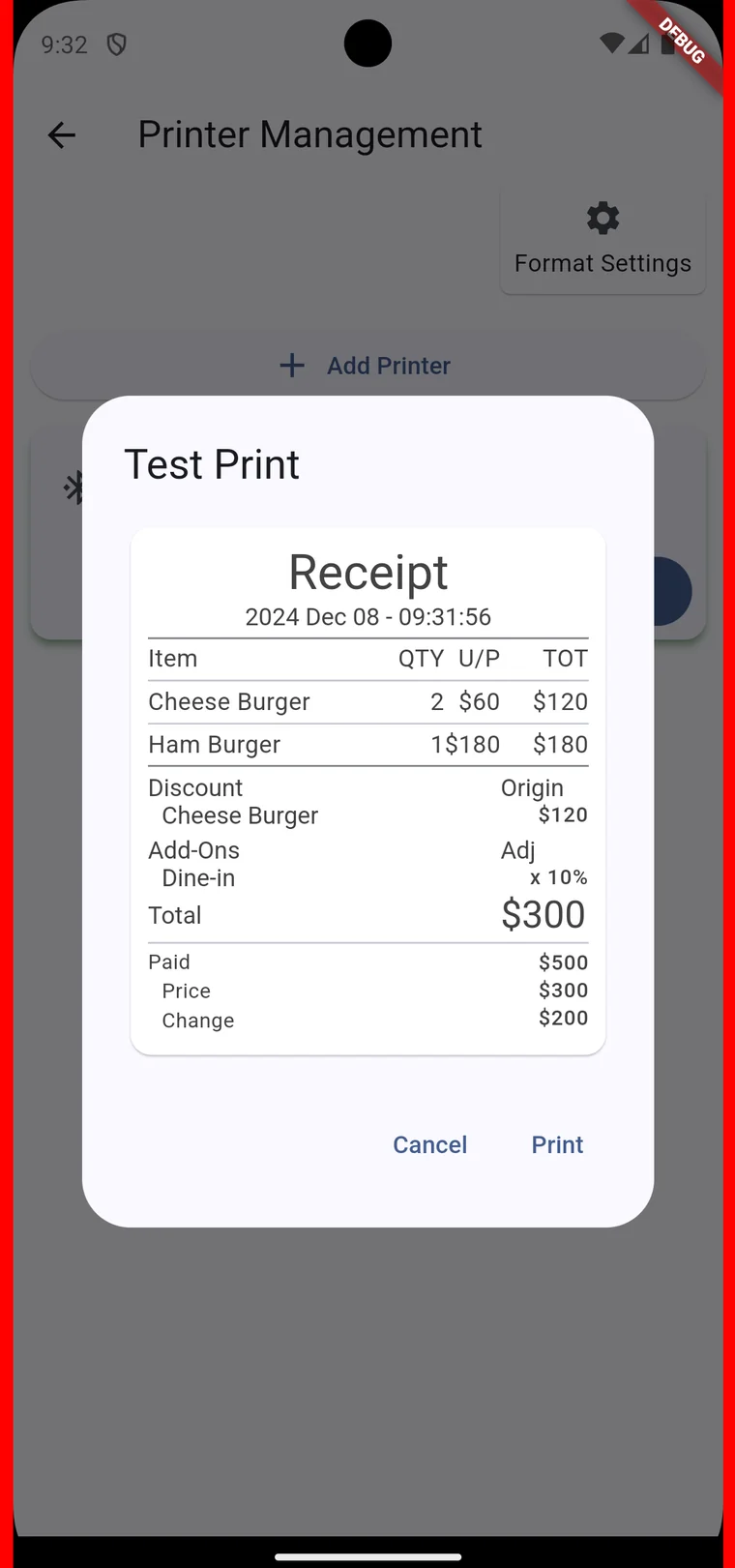 flutter-pos-systemのレシート印刷画面。Test Printでレシートのプレビューを表示