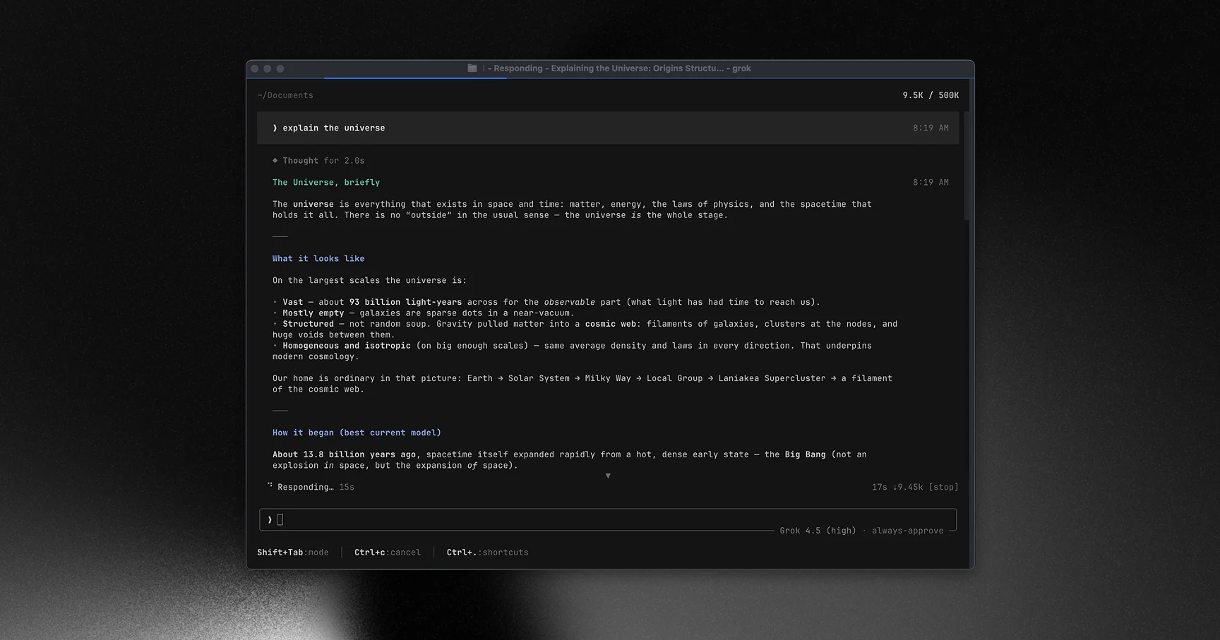 Grok Build のフルスクリーンTUI。左にスクロールバック、下部にプロンプト入力欄が並ぶ