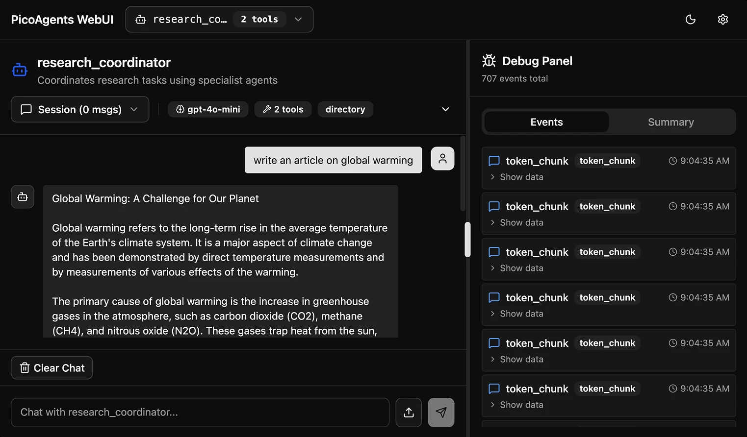 PicoAgents の Web UI。左に research_coordinator エージェントとのチャット、右のDebug Panelに707件のイベントがtoken_chunk単位で流れている