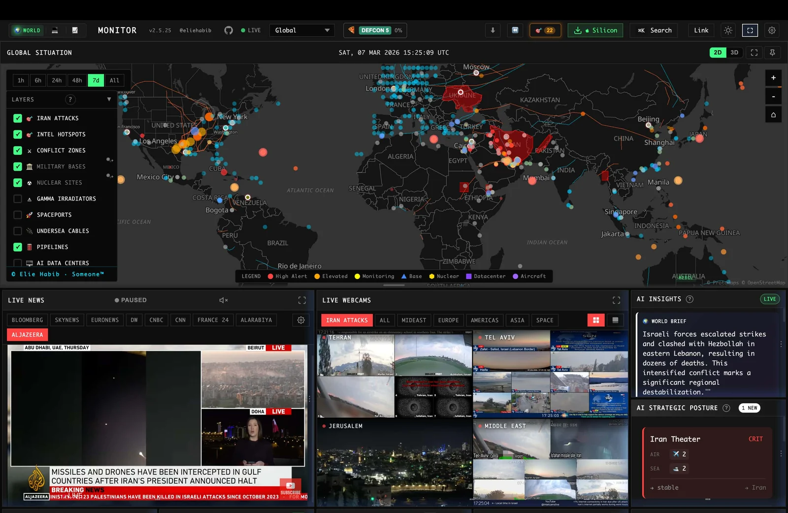 WorldMonitorのダッシュボード。中央に世界地図、周囲にニュース・金融・インフラの各パネルが並ぶ統合画面