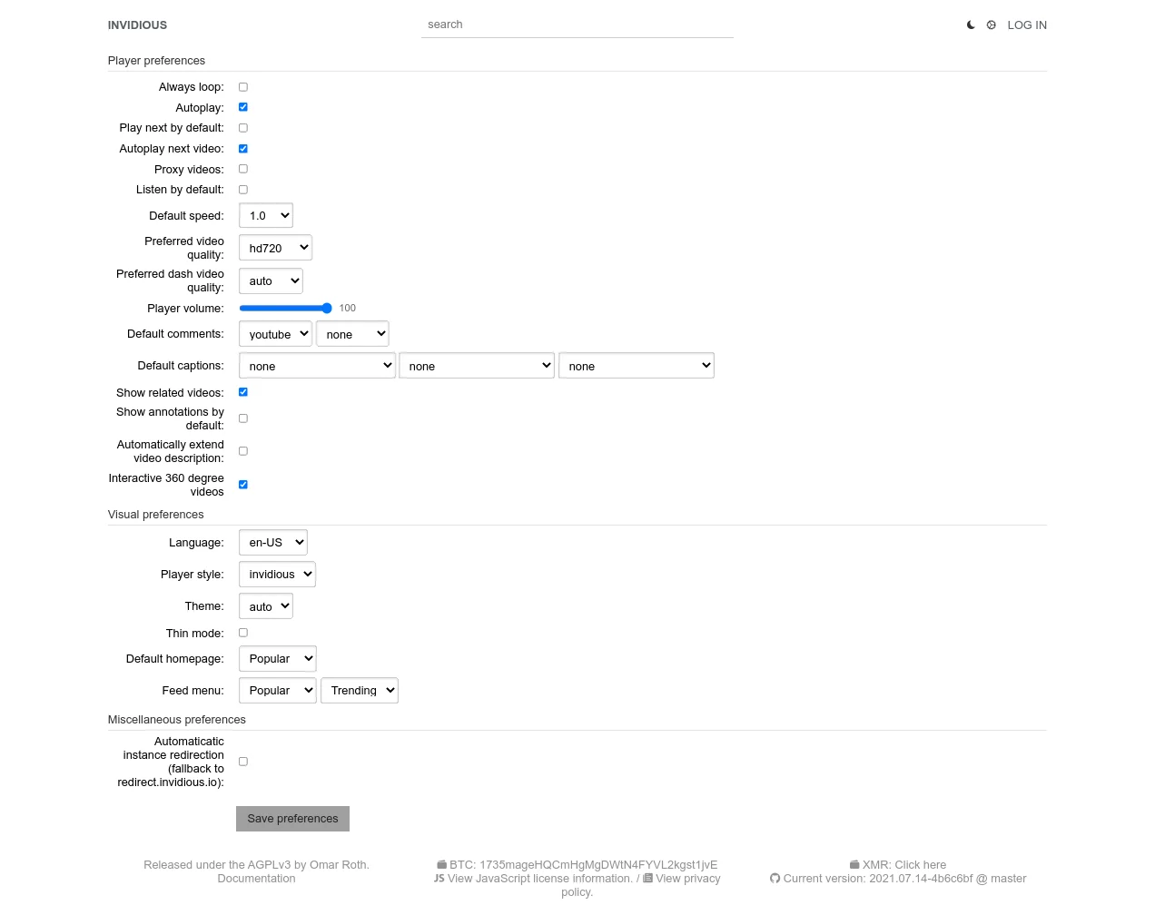 Invidiousの設定画面。プレイヤーやプライバシーに関する各種オプションを切り替えられる
