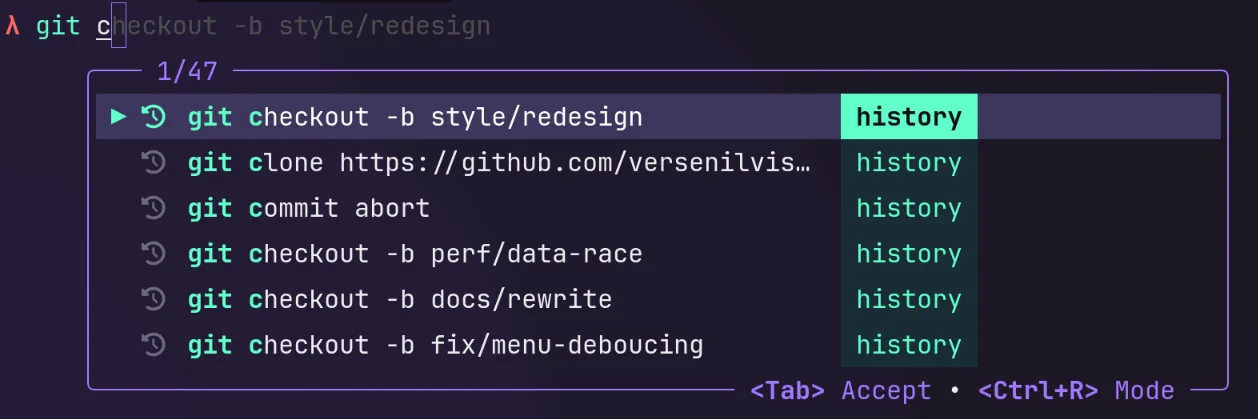 IRISの履歴モードの表示。過去に実行したコマンドが候補として一覧表示されている