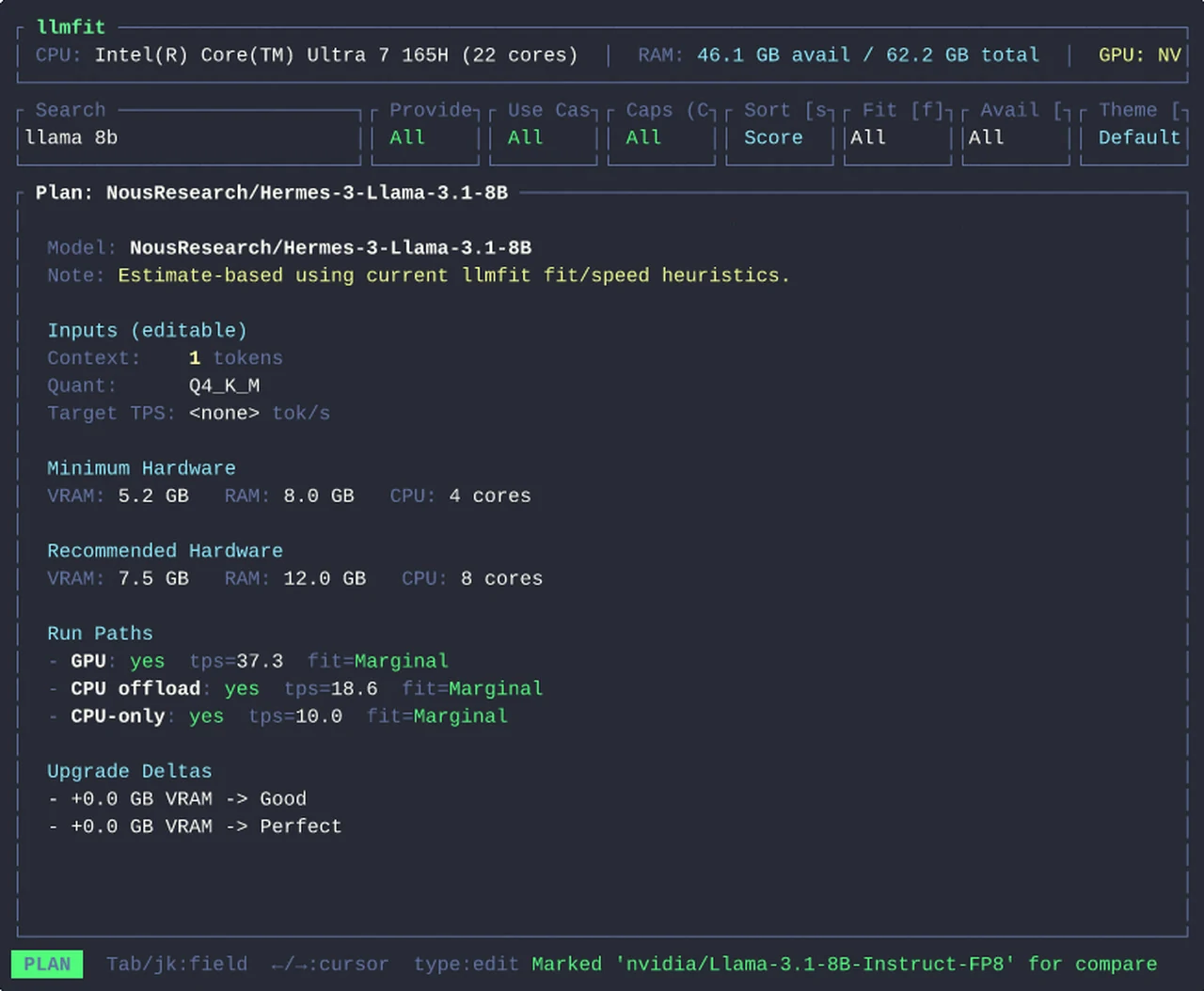 llmfitのPlanビュー。NousResearch/Hermes-3-Llama-3.1-8Bについて最小ハード・推奨ハード・GPU/CPUオフロード/CPU-onlyの実行パスと推定tps・アップグレード提案が表示されている
