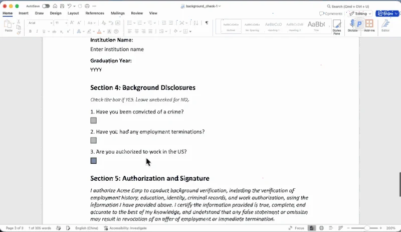 OfficeCLIが生成したWord文書。見出し、本文、チェックボックス付きフォームが構成されている
