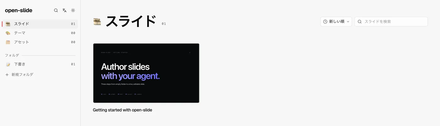 open-slideのホーム画面。サイドバーが「スライド」「テーマ」「アセット」「フォルダ」「下書き」と日本語表示になっている
