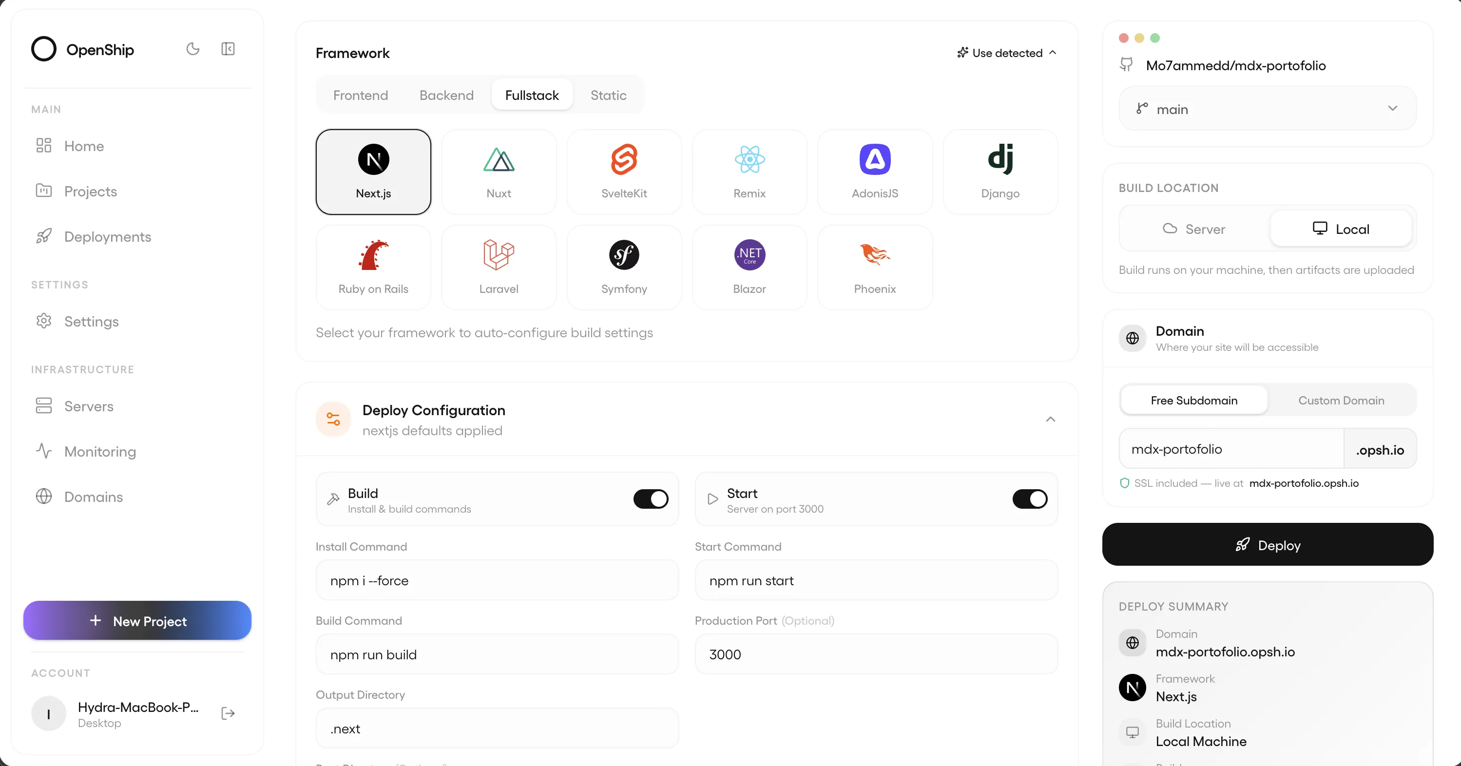 Openshipのデプロイウィザード画面。フレームワークを自動検出し、ビルド設定・GitHubリポジトリ・独自ドメイン/SSL・デプロイ先を1画面で設定できる