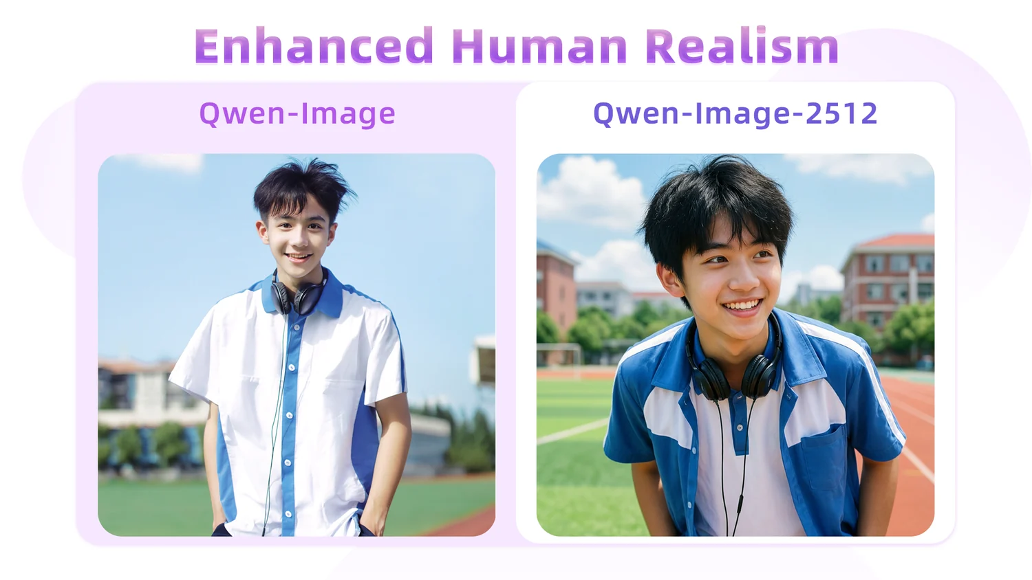 Qwen-ImageとQwen-Image-2512の人物描写の比較。制服姿の学生のポートレートで、更新版のほうが髪や肌の質感が自然になっている
