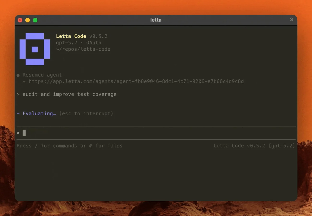 Letta Code起動直後の画面。バージョン・モデル・作業ディレクトリ・resumeしたエージェントのURLが表示される