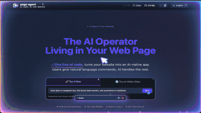 page-agentが自分の公式ドキュメントサイトを自然言語の指示で操作するデモ。マウスカーソルが移動し、要素をクリックし、ページ下部に『Clicked element』の実行ログが出る