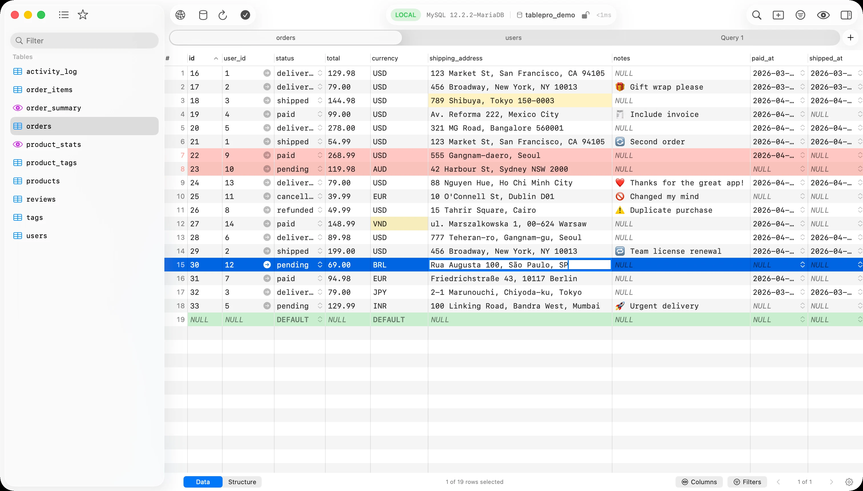 TableProのアプリ画面。左にコネクション一覧、中央にデータグリッド、上部にSQLエディタが並ぶ
