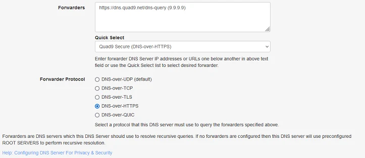 Technitiumのフォワーダ設定画面。転送先にhttps://dns.quad9.net/dns-query（9.9.9.9）が設定され、フォワーダプロトコルとしてDNS-over-HTTPSが選択されている