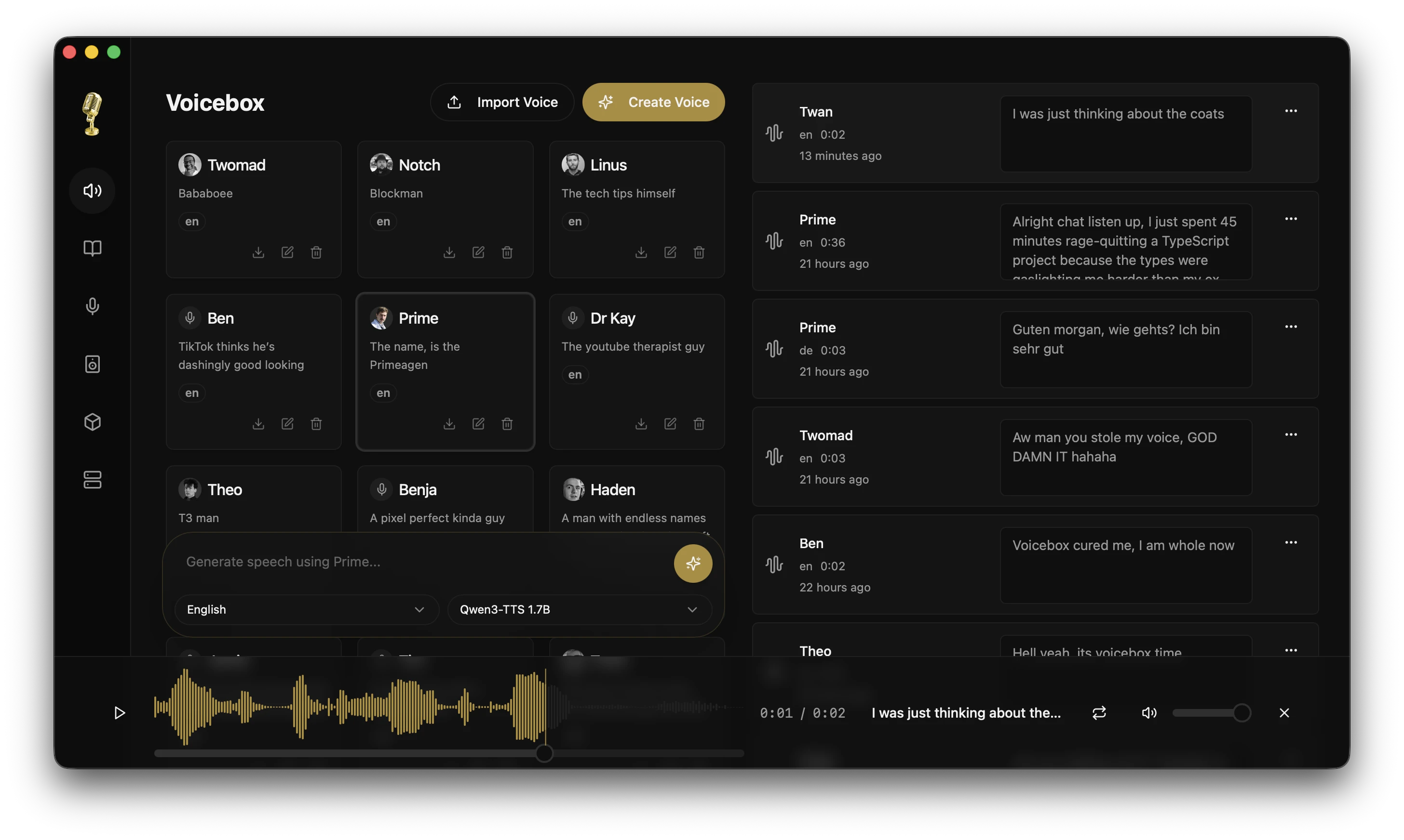 voiceboxのメイン画面。クローン済みの音声プロファイルがカードで並び、下部の入力欄でエンジン（Qwen3-TTS）と言語を選んで音声を生成できる