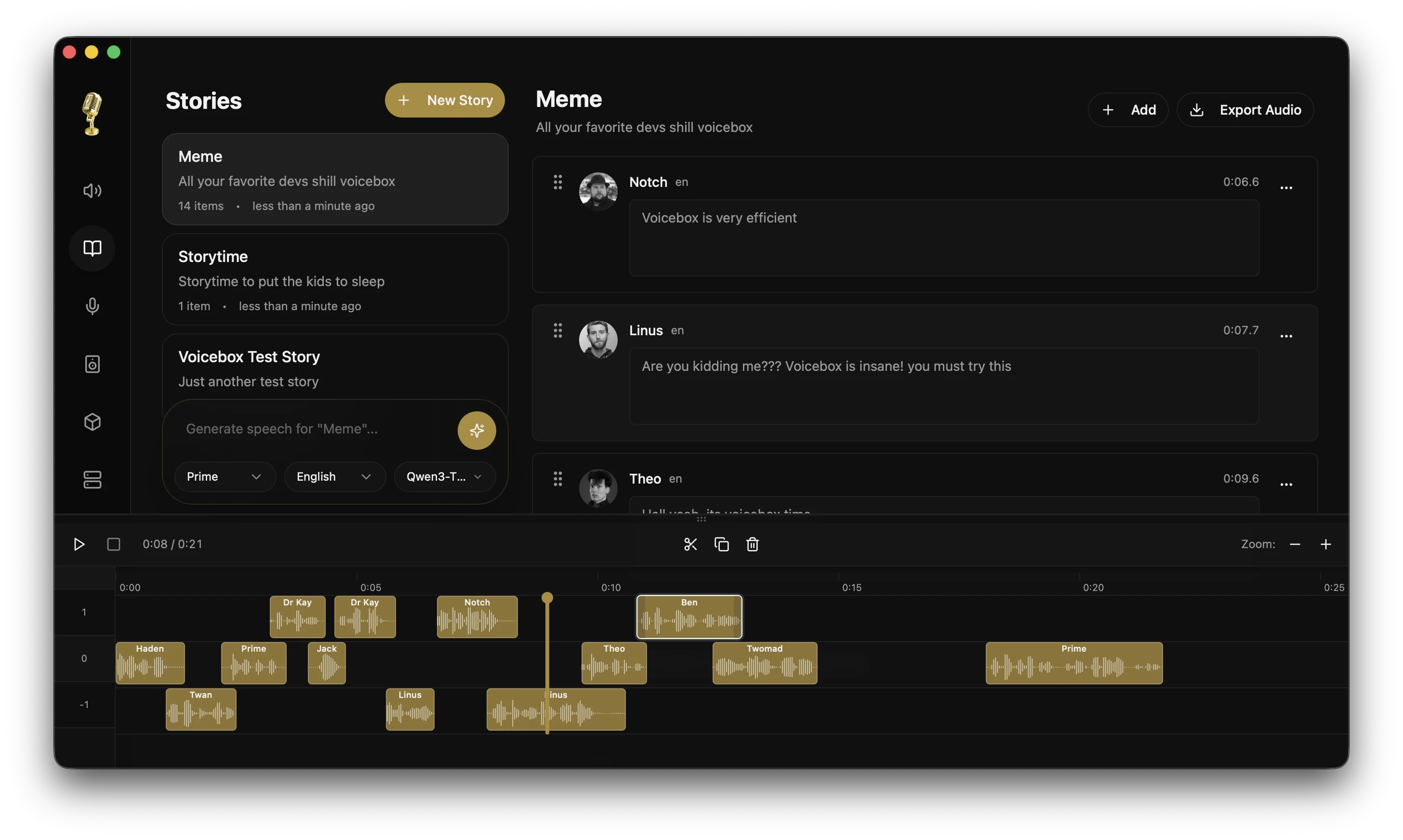 voiceboxのStoriesエディタ。複数話者のクリップがマルチトラックのタイムラインに並び、ドラッグで配置・トリミングできる