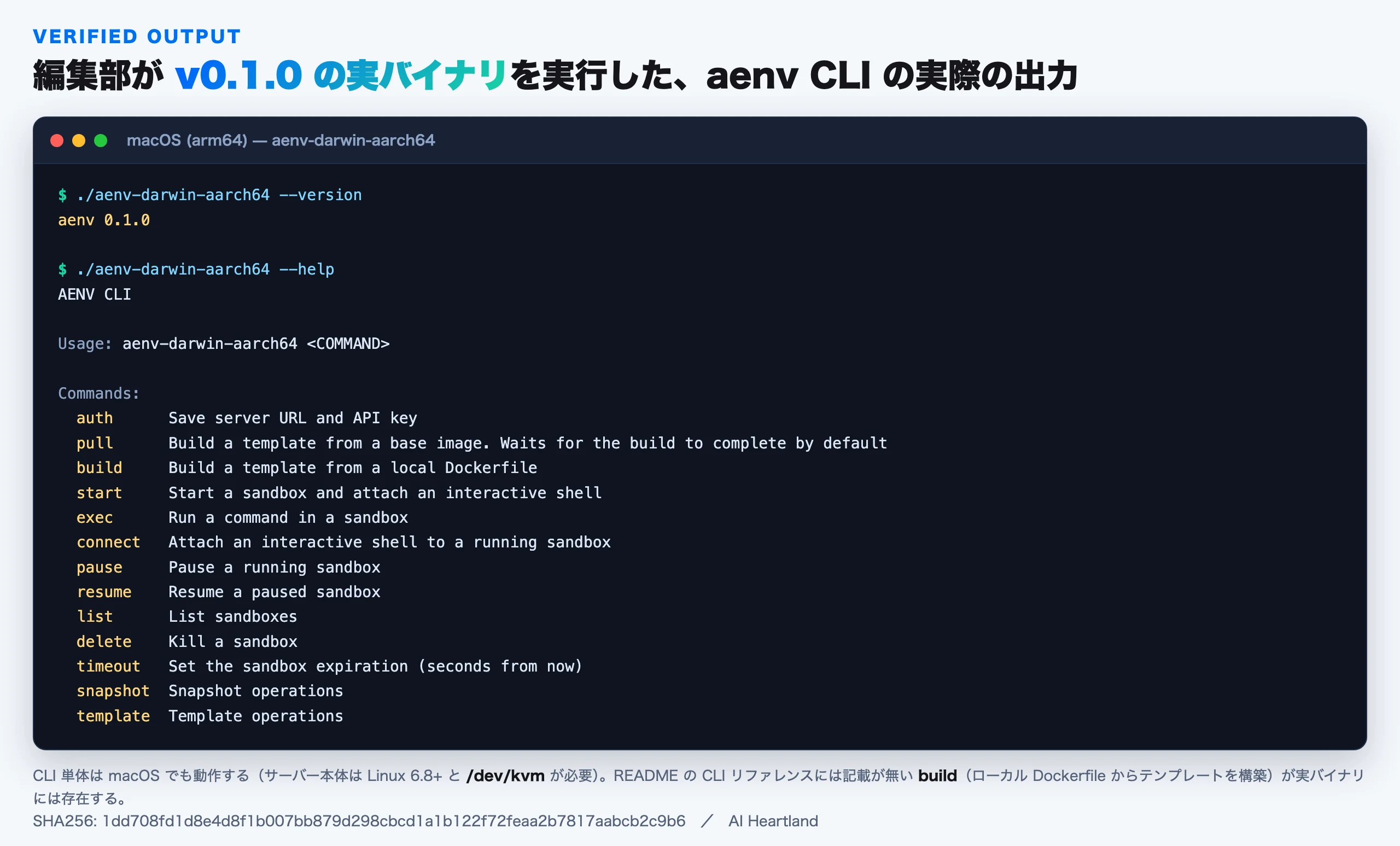 編集部がv0.1.0の実バイナリを実行したaenv CLIの--versionと--helpの実際の出力