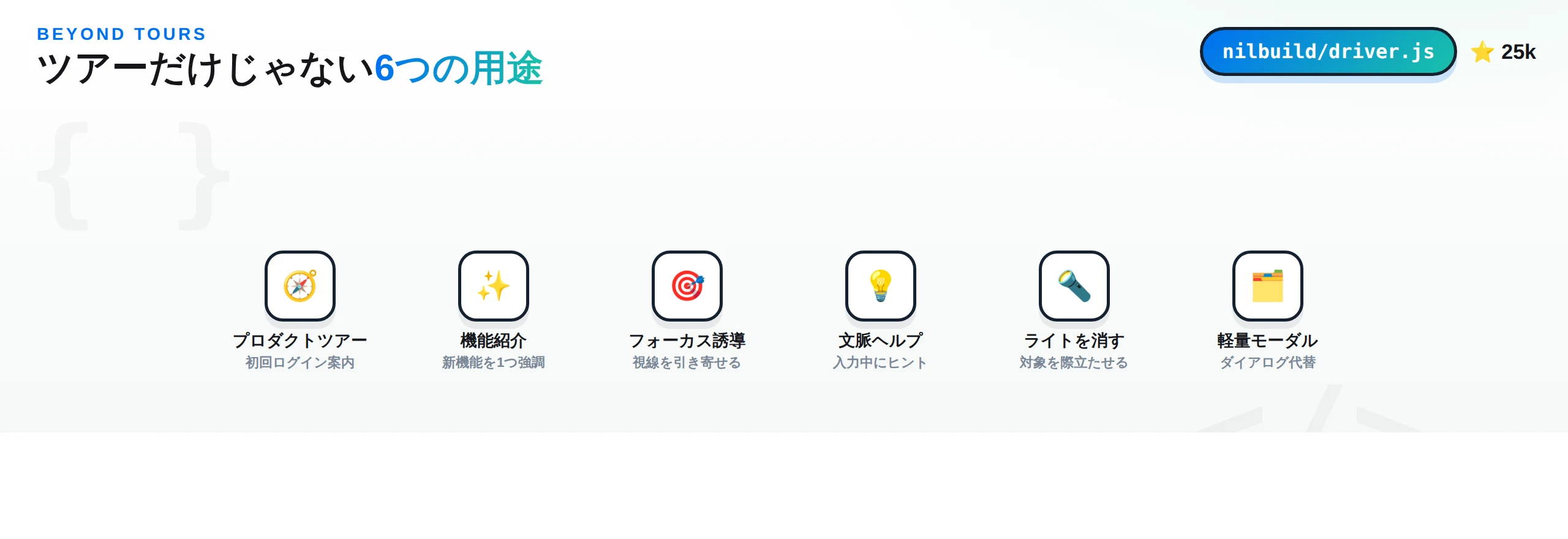 Driver.jsの6つの用途を示す図。プロダクトツアー、機能紹介、フォーカス誘導、文脈ヘルプ、ライトを消す効果、軽量モーダル