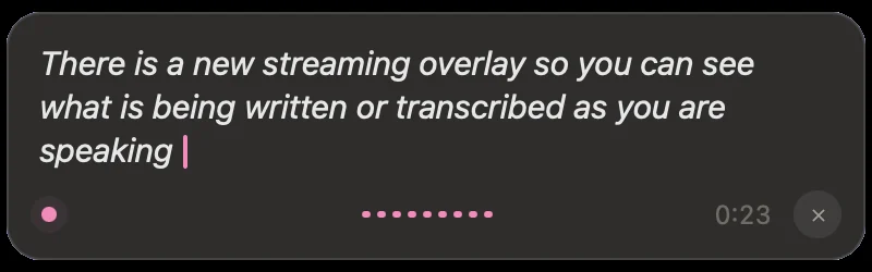 Handyのストリーミングオーバーレイ。話している内容がリアルタイムでテキストとして表示され、録音時間0:23とキャンセルボタンが並ぶ