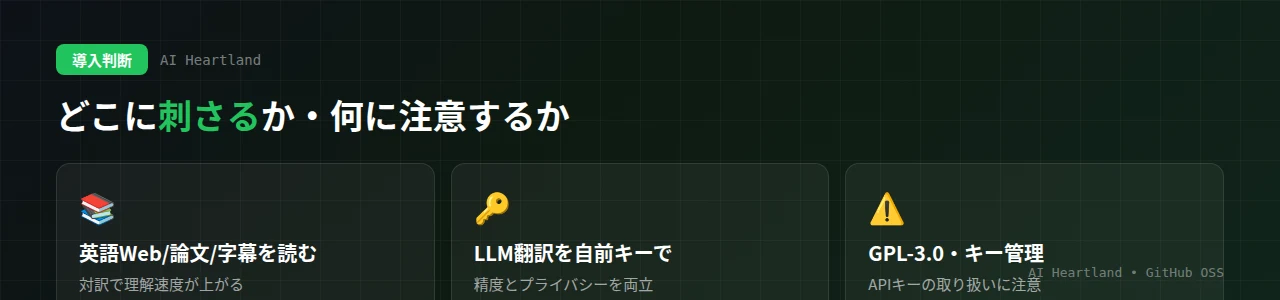 KISS Translatorの導入判断：英語Web/論文/字幕を読む人・LLM翻訳を自前キーで使いたい人に刺さる一方、GPL-3.0やAPIキー管理という注意点