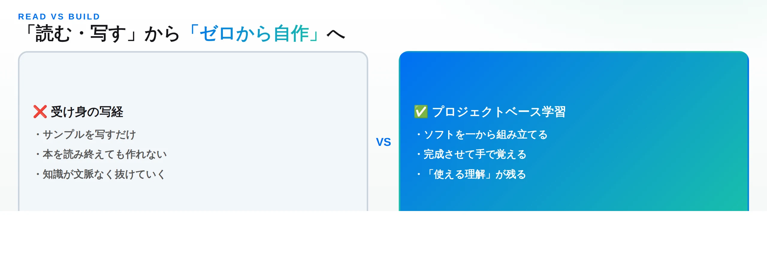 受け身の写経とプロジェクトベース学習（ゼロから自作）の違いを対比した図
