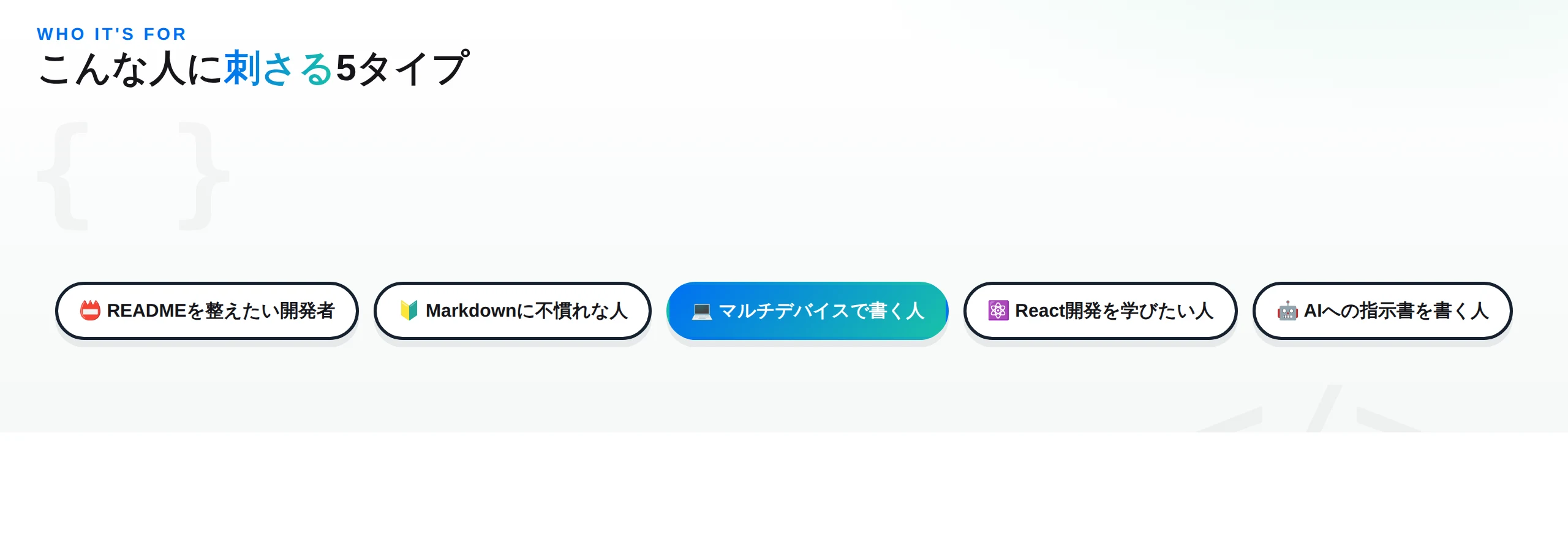 READMEを整えたい開発者・Markdownに不慣れな人・マルチデバイスで書く人・React開発を学びたい人・AIへの指示書を書く人という5タイプの読者像