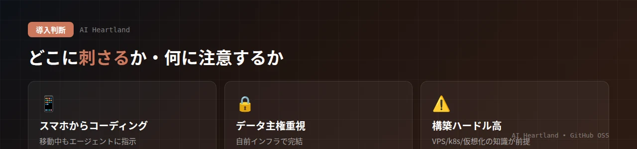 netclodeの導入判断：スマホからコーディングしたい人・データ主権重視の人に刺さる一方、VPS/k8s/仮想化の知識が前提で構築ハードルが高いという注意点