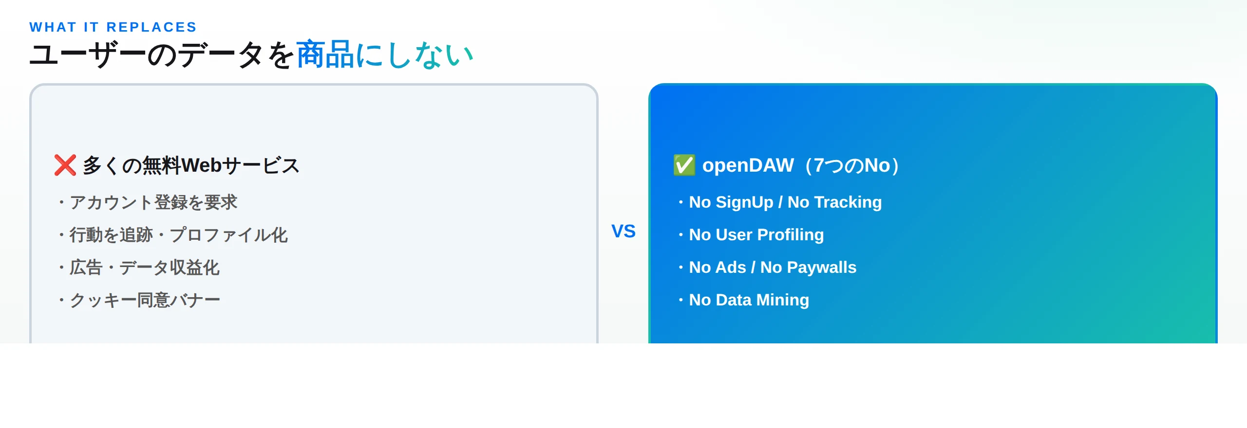 多くの無料Webサービス（登録要求・追跡・広告/データ収益化）と、openDAWの『7つのNo』（No SignUp/No Tracking/No Profiling/No Ads/No Data Mining）の比較図