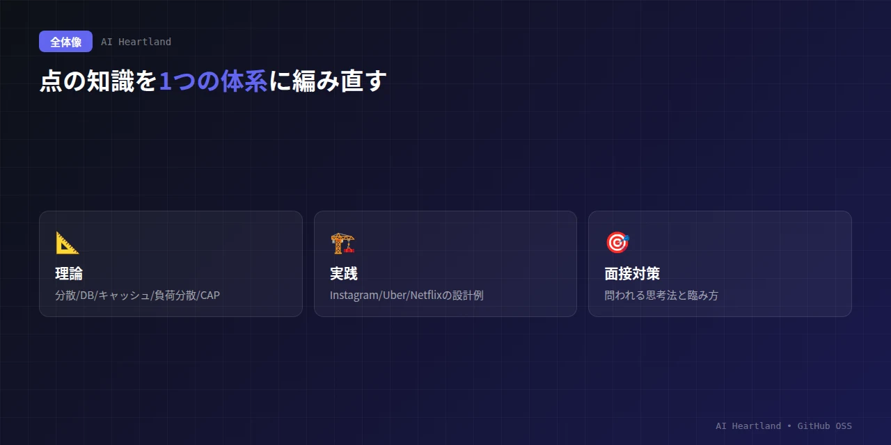 system-design-and-architectureの全体像：理論（分散システム・DB・キャッシュ）、実践（Instagram・Uber・Netflix等の設計）、面接対策の3本柱を体系的にまとめた学習リポジトリ