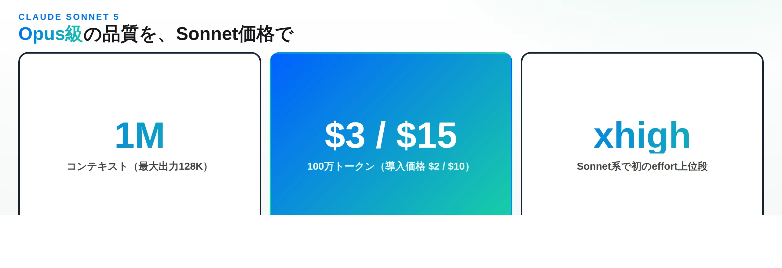 Claude Sonnet 5の要点：1Mコンテキスト、$3/$15（導入$2/$10）、effort xhigh対応