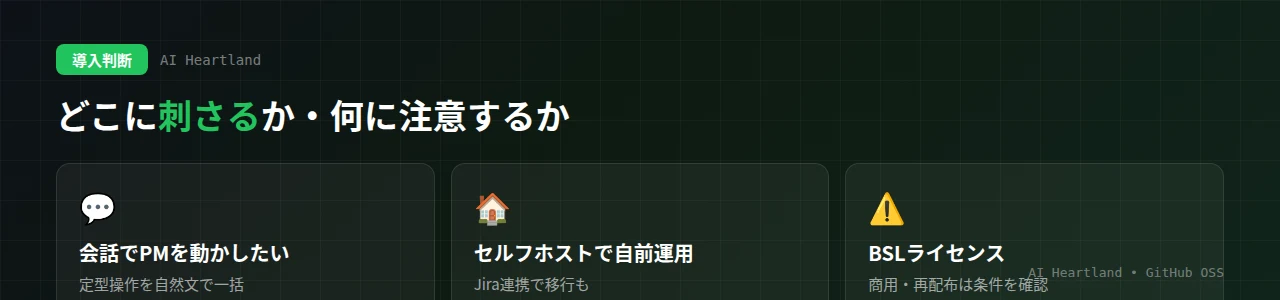 Taskosaurの導入判断：会話でPMを動かしたいチーム・セルフホストで自前運用したい人に刺さる一方、BSLライセンスで商用・再配布は条件確認が必要という注意点